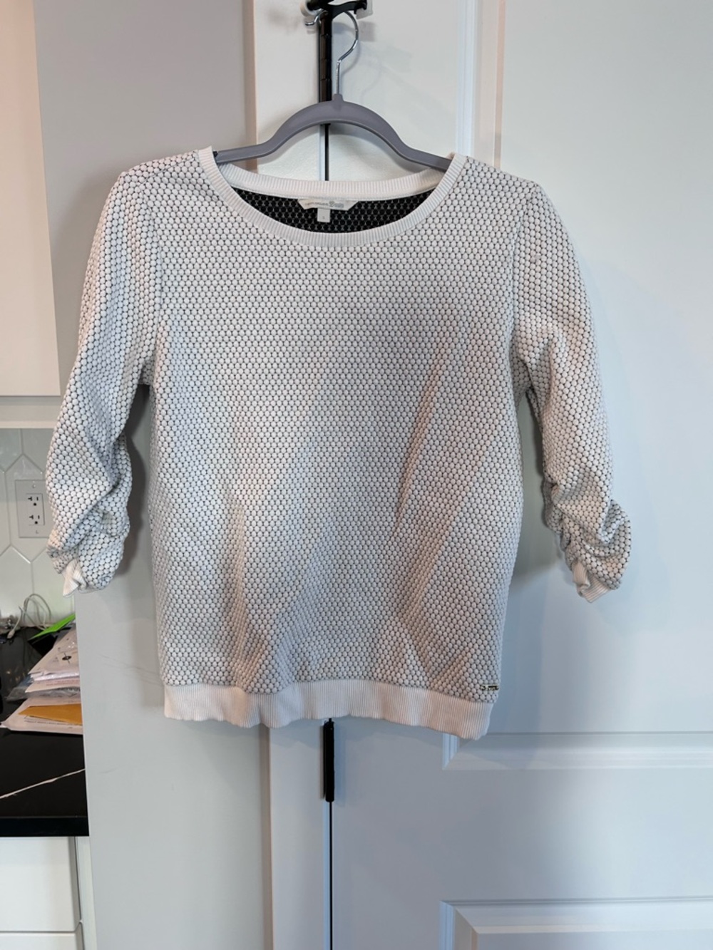 Tom Tailor Denim Cream Textured Sweater Pullover 3/4 Ruched Sleeves Neutral Chic